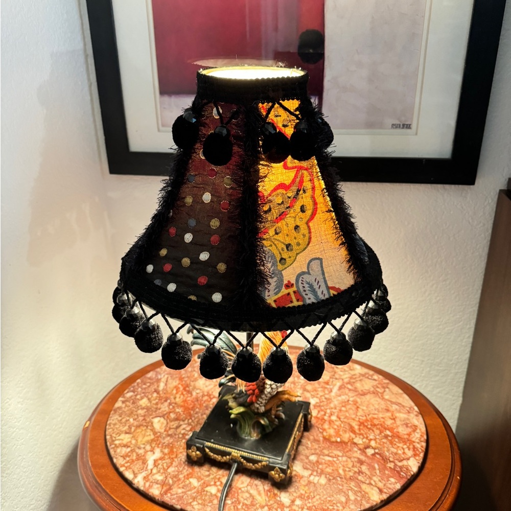 Vintage Handmade Fabric Leopard Print   Floral Black Fringe Beads Lamp Shade